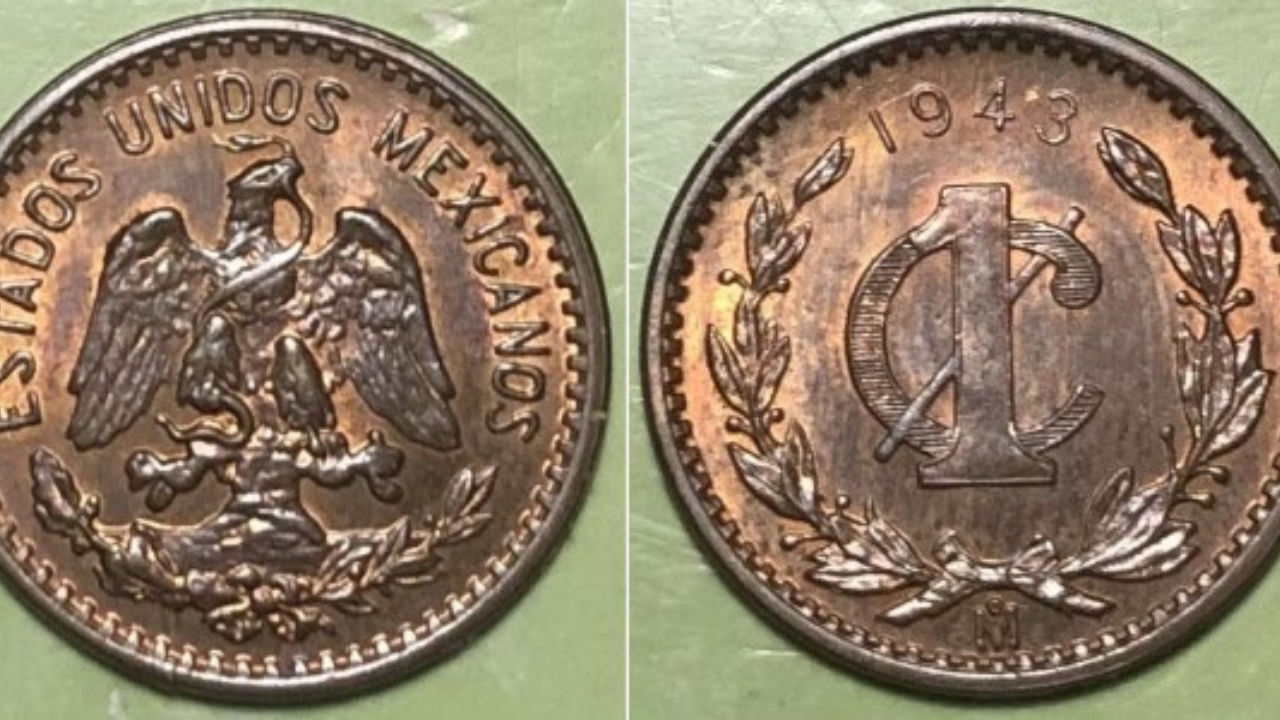 Centavo de cobre de 1943: Esta pequeña moneda, que circuló en la década de los 40, puede alcanzar precios de hasta $3,000 pesos si está en estado sin circular.