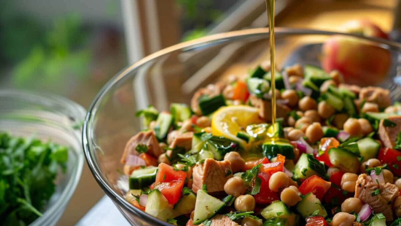 Ensalada de atún con garbanzos: Ideal para el lunes. Solo necesitas una lata de atún, garbanzos cocidos, jitomate cherry, pepino, cebolla morada y un poco de limón o vinagre balsámico.